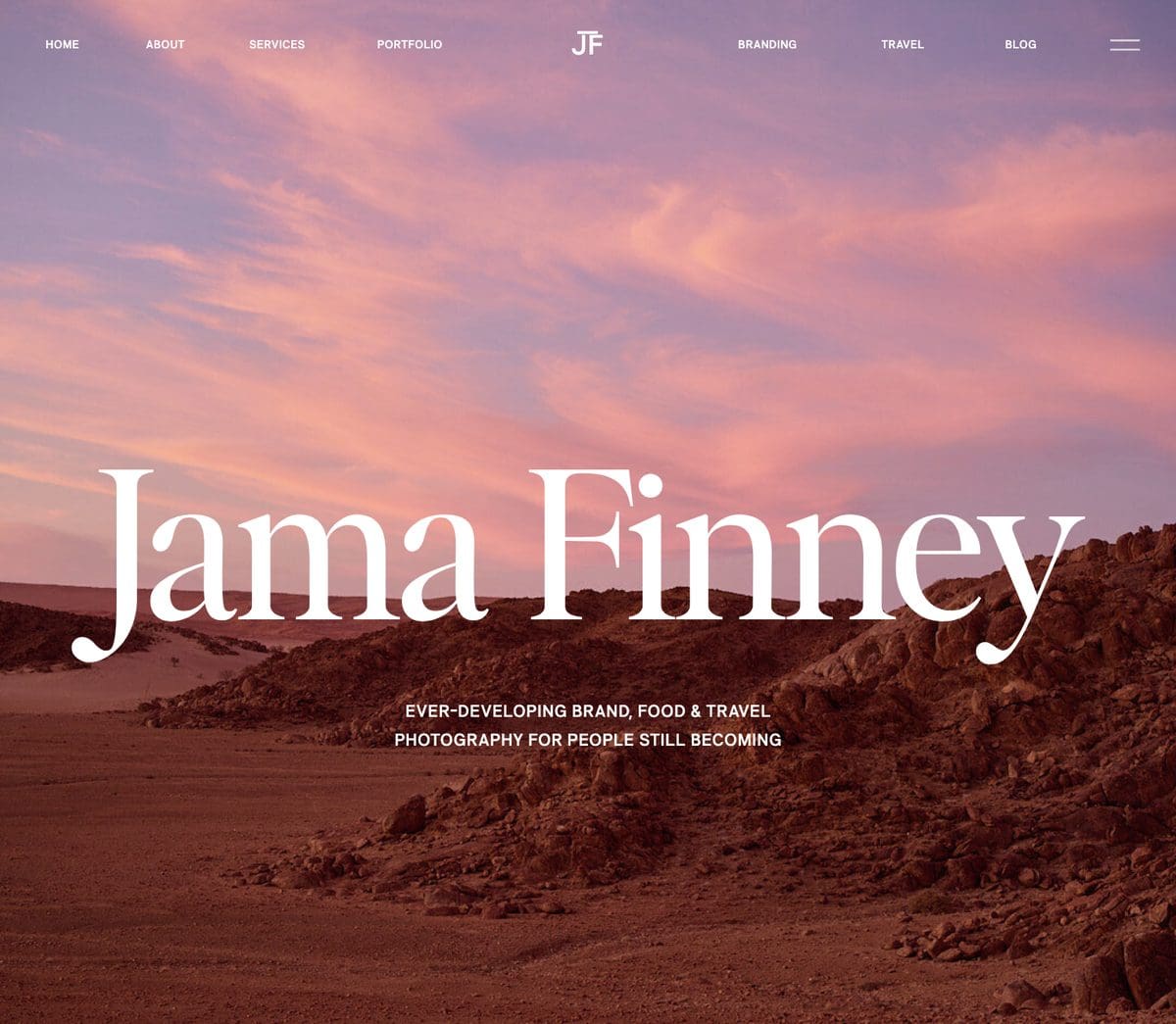 Homepage hero of the Jama Finney Photography website after its rebuild on Showit, a desert landscape at sunset with the Jama Finney wordmark